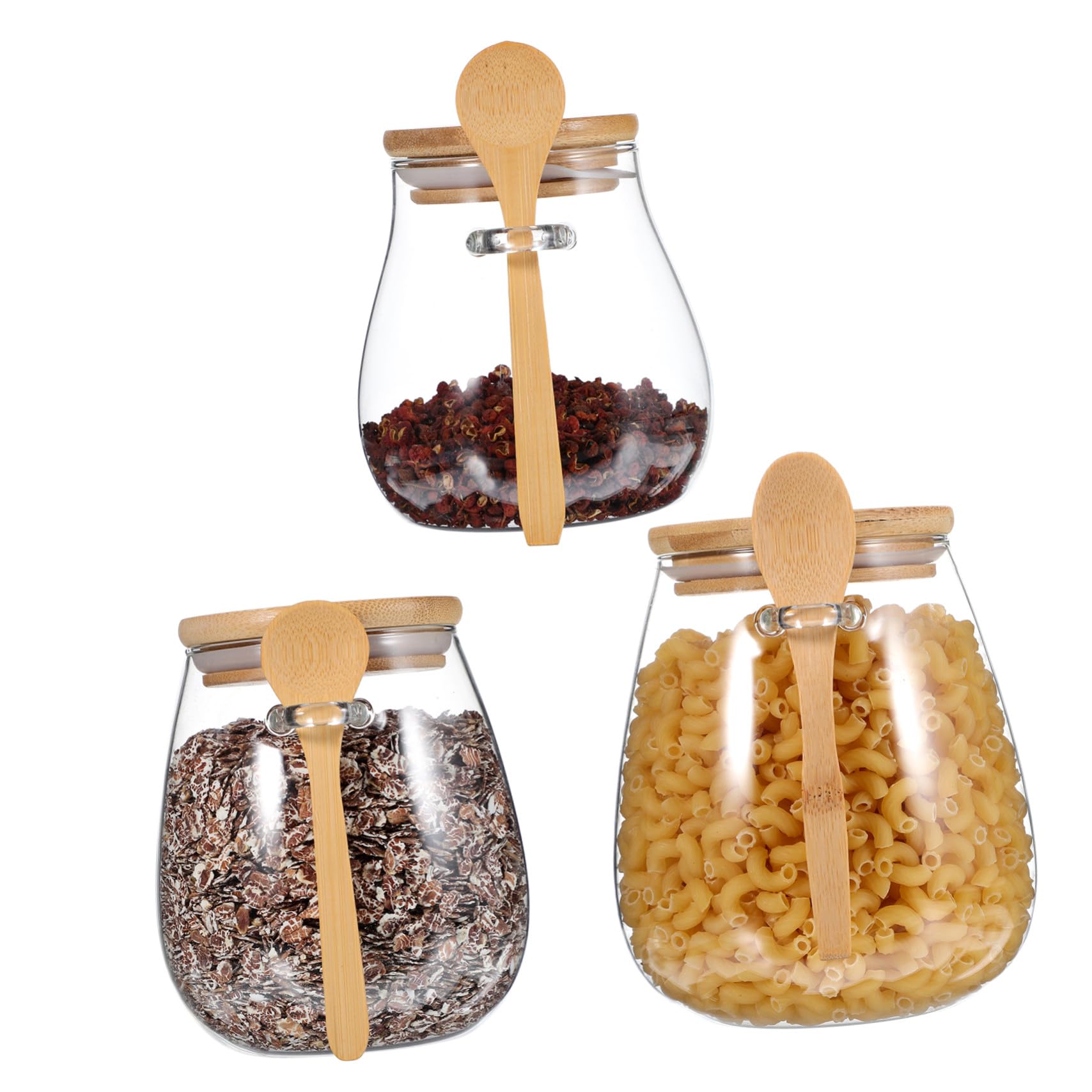 3 Stück Teiliges Glas Vorratsgläser mit Holzdeckel und Löffel Transparente Tee Gewürzbehälter in Verschiedenen Luftdicht Verschließbar für Frische Zutaten