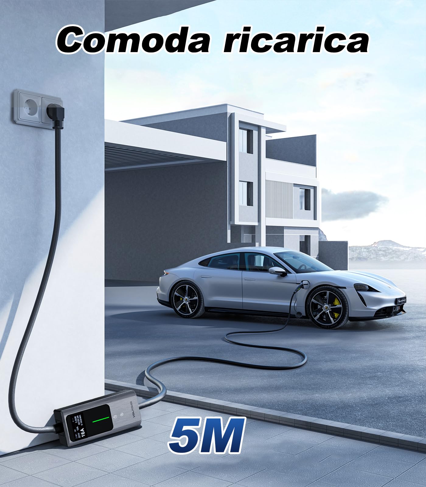 Cavo Ricarica Auto Elettrica,5m [3,6kW| 6-16A] Colonnina Ricarica Auto Elettrica Tipo 2 Schuko,Wallbox con LCD Controllo Digitale Compatibile (EC12-5M)