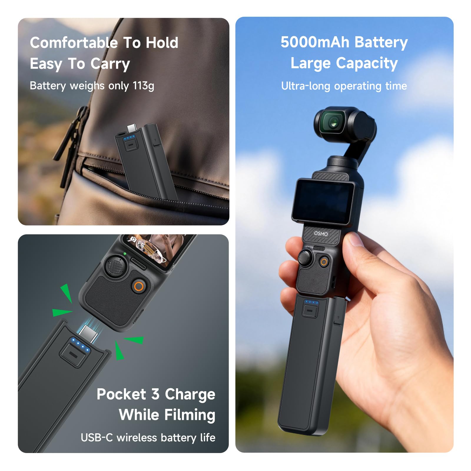 CITYORK 5000mAh impugnatura batteria per DJI Osmo Pocket 3/Pocket 4/Combo/Xtra Muse, batteria per DJI Osmo Pocket 3/Pocket 4 con attacco filettato da 1/4 di pollice e LED, ricarica USB-C1/C2