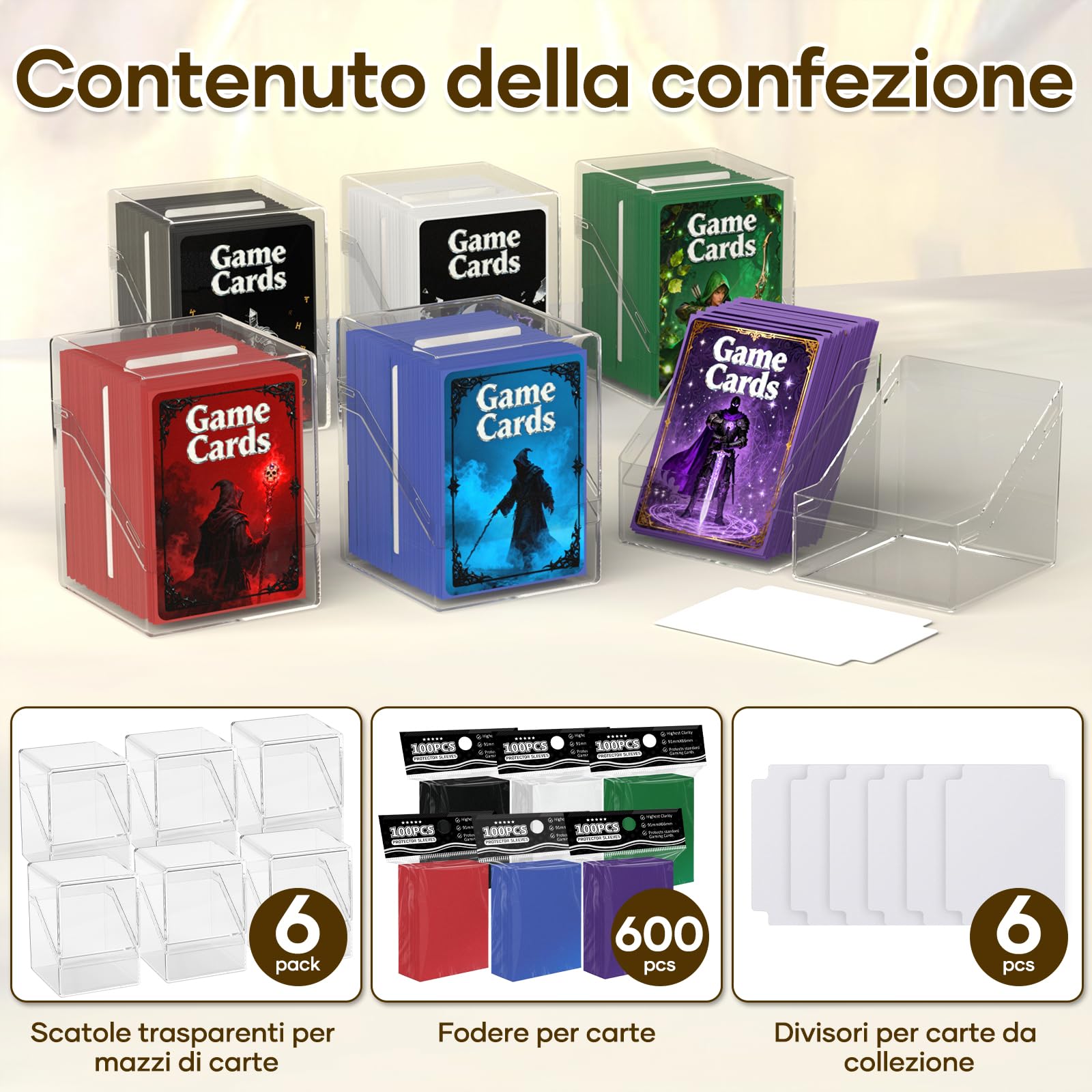 6 scatole per carta di credito, trasparenti Commander con 600 scomparti e separatore, formato standard, perfetta per MTG, carte da collezione e sportive (6 colori)