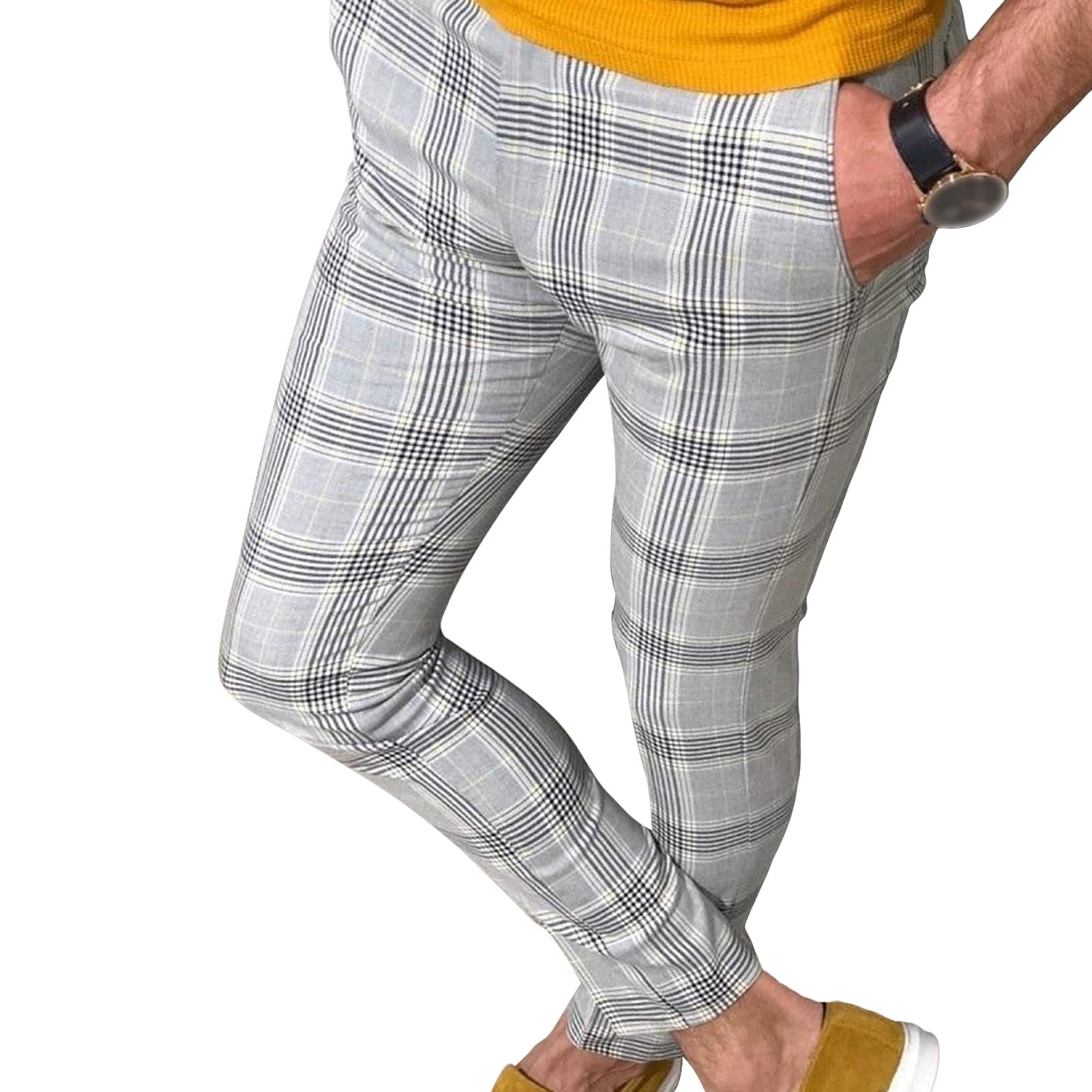 Mens Plaid Stretch Dress Pants Stripe Skinny Fit Flat Front Formal Pant Casual Slim Business Pencil Trouser