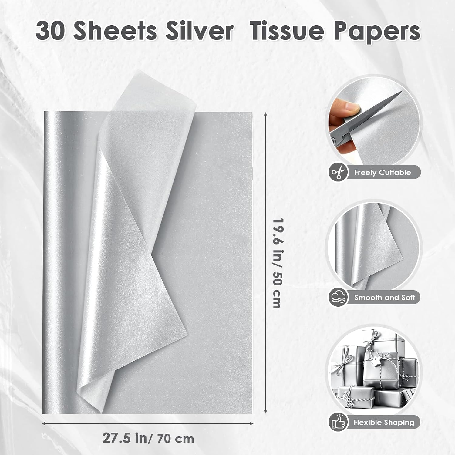 SANHEXING 30 Sheets Silver Tissue Paper for Gift Bags, 20 x 28 inch Gift Wrapping Tissue for Gift Bags Mother's Day Art Crafts, Christmas, Weddings & Celebrations Birthday Decor and Box Bag Filler