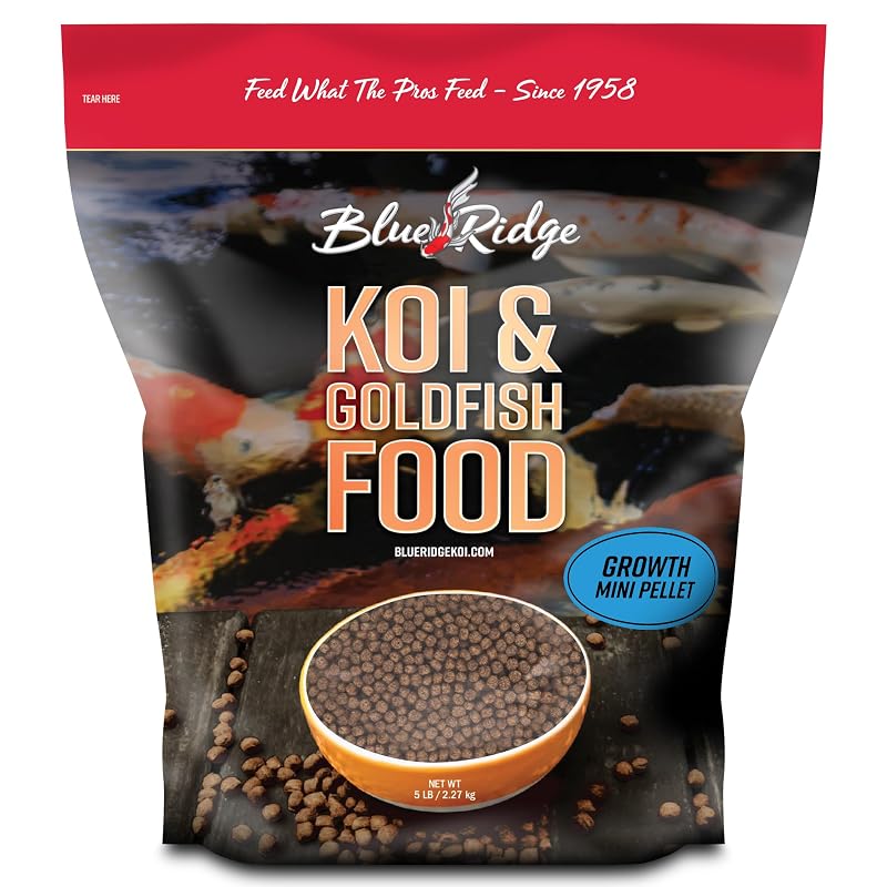Alimento para peixes koi e kinguios Blue Ridge Fish Hatchery, fórmula de crescimento em mini pellets de 0,32 cm, 2,27 kg