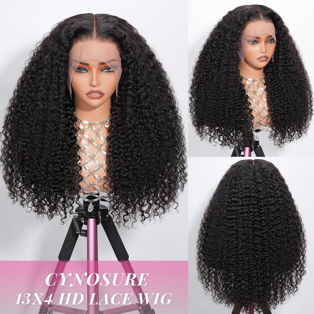 CYNOSURE 13x4 Deep Wave Lace Front Wigs Human Hair 180% Density Deep Wave Curly Frontal Wig Pre Plucked HD Transparent Full Lace Frontal Wigs Human Hair with Baby Hair Natural Color 28 inch