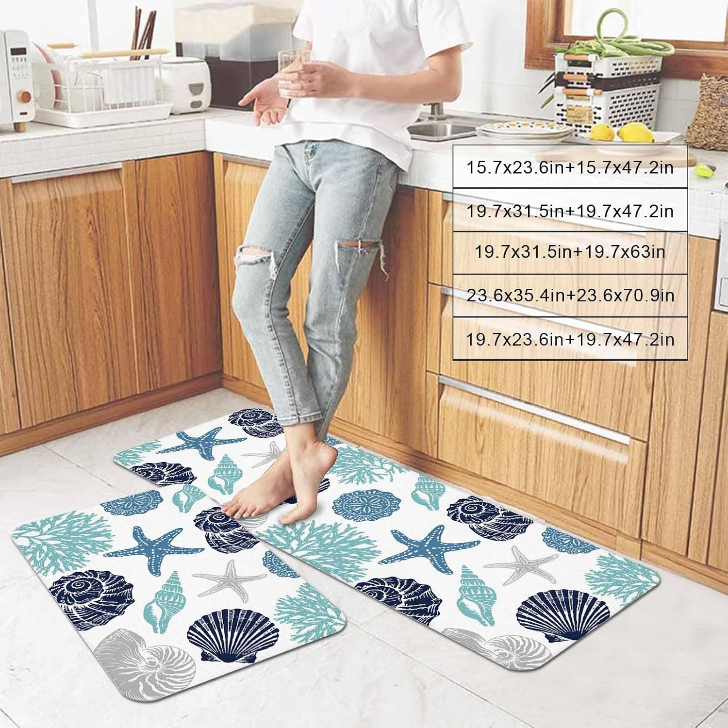 Summer Marine Life Kitchen Mats Set of 2 Graffiti Corals Shell Conch Sea Blue Starfish Non Slip Mat Washable Floor Rug for Kitchen Sink Floor Laundry, 15.7"x23.6"+15.7"x47.2"