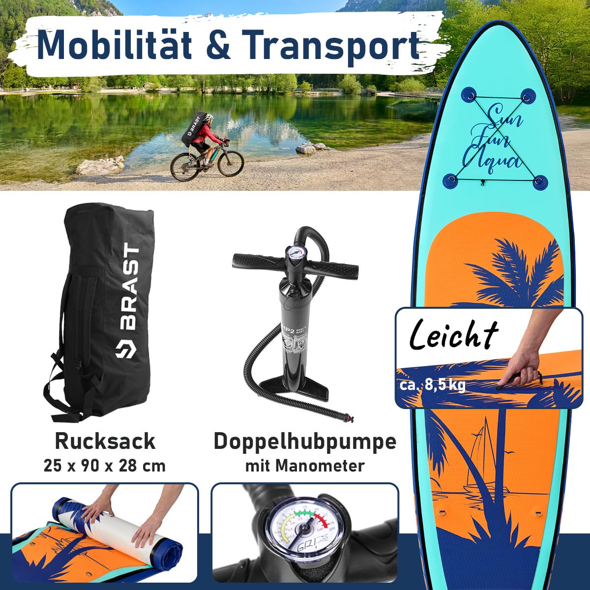 BRAST SUP Board Tropic | Aufblasbares Stand up Paddle Set | 320x81x15cm | 5 Designs | 5 Jahre Garantie | inkl. Sonderzubehör | 2in1 Paddel Kajak-Sitz Action-Cam-Halterung Fußschlaufe Pumpe Rucksack