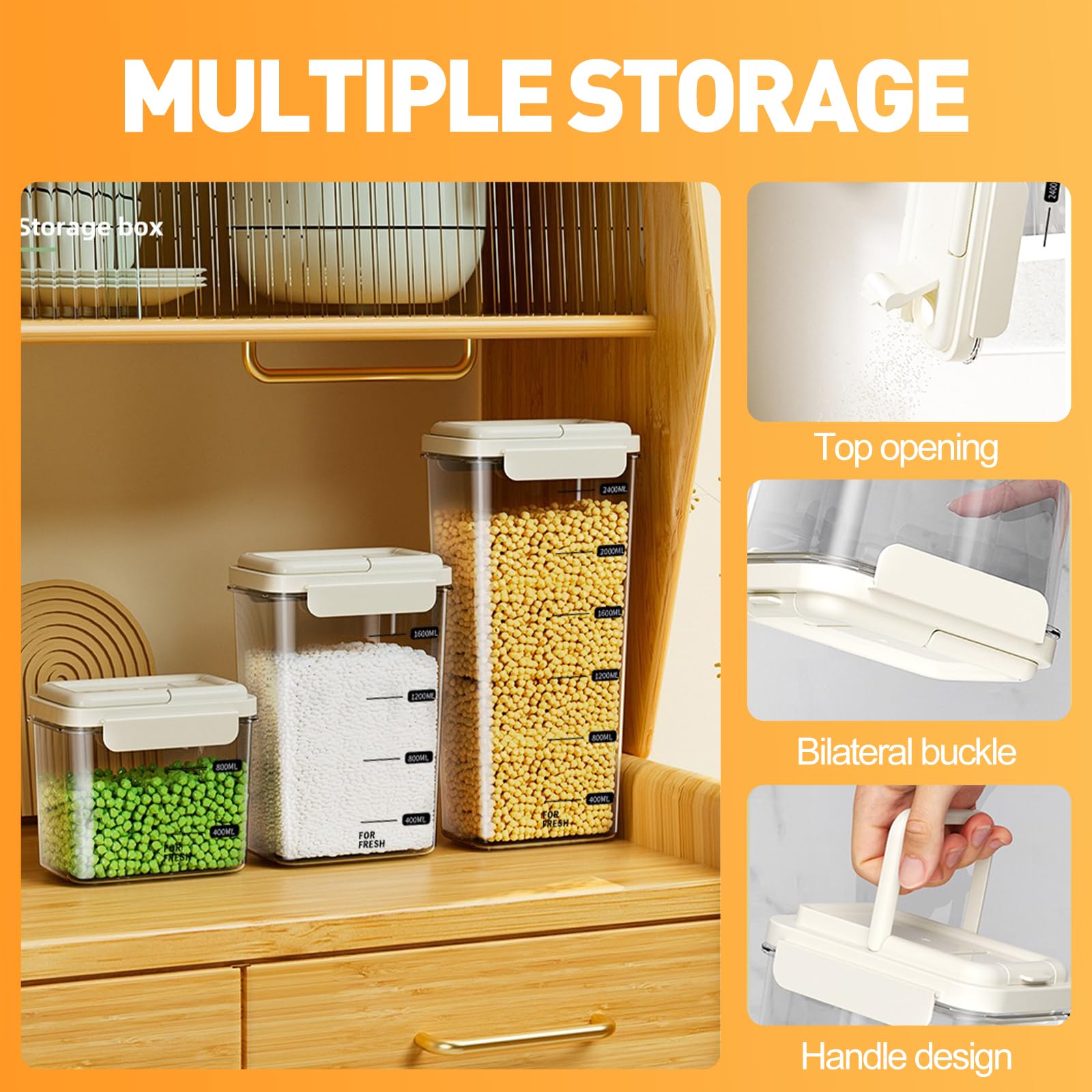Lot de 3 boîtes de rangement hermétiques – 1200 ml + 2000 ml + 2800 ml avec design portable, sans BPA, de qualité alimentaire, organiseurs empilables pour farine, céréales, avoine, pâtes