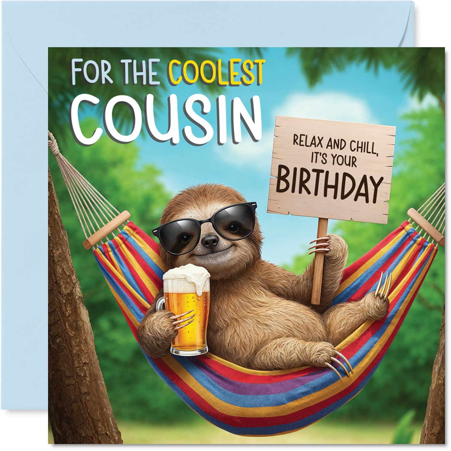 Cousin Birthday Card - Chilled Out Sloth - Happy Birthday Card for Cousin from Family Relative, 145mm Bright and Colourful Bday Greeting Cards