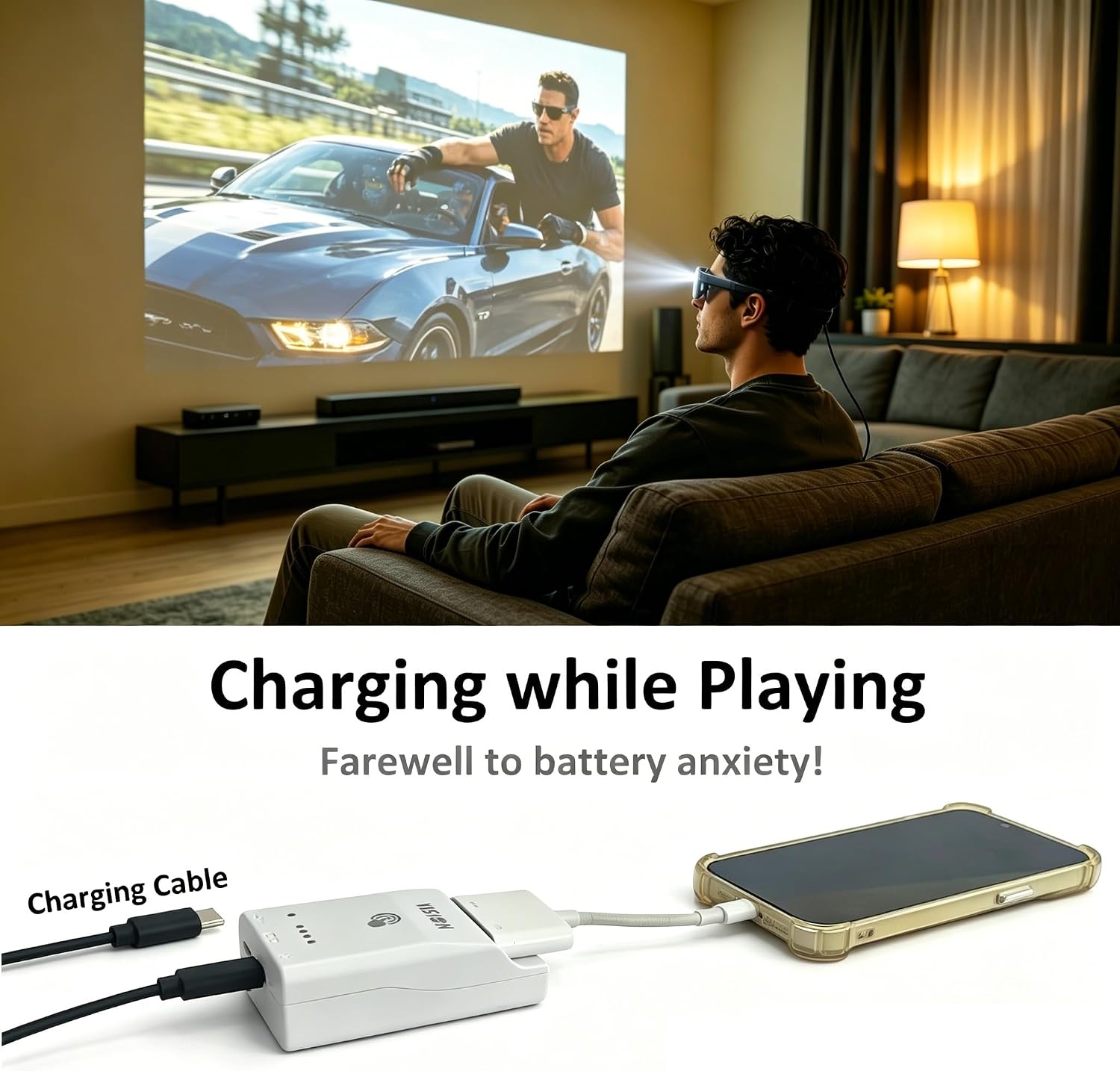 HDMI to USB C Adapter for HDMI Devices/iPhone 14 & Earlier with Lightning, Built-in Battery & Charge and Play, Supports 4K 60Hz, for Viture/RayNeo/Xreal/Rokid AR Glasses