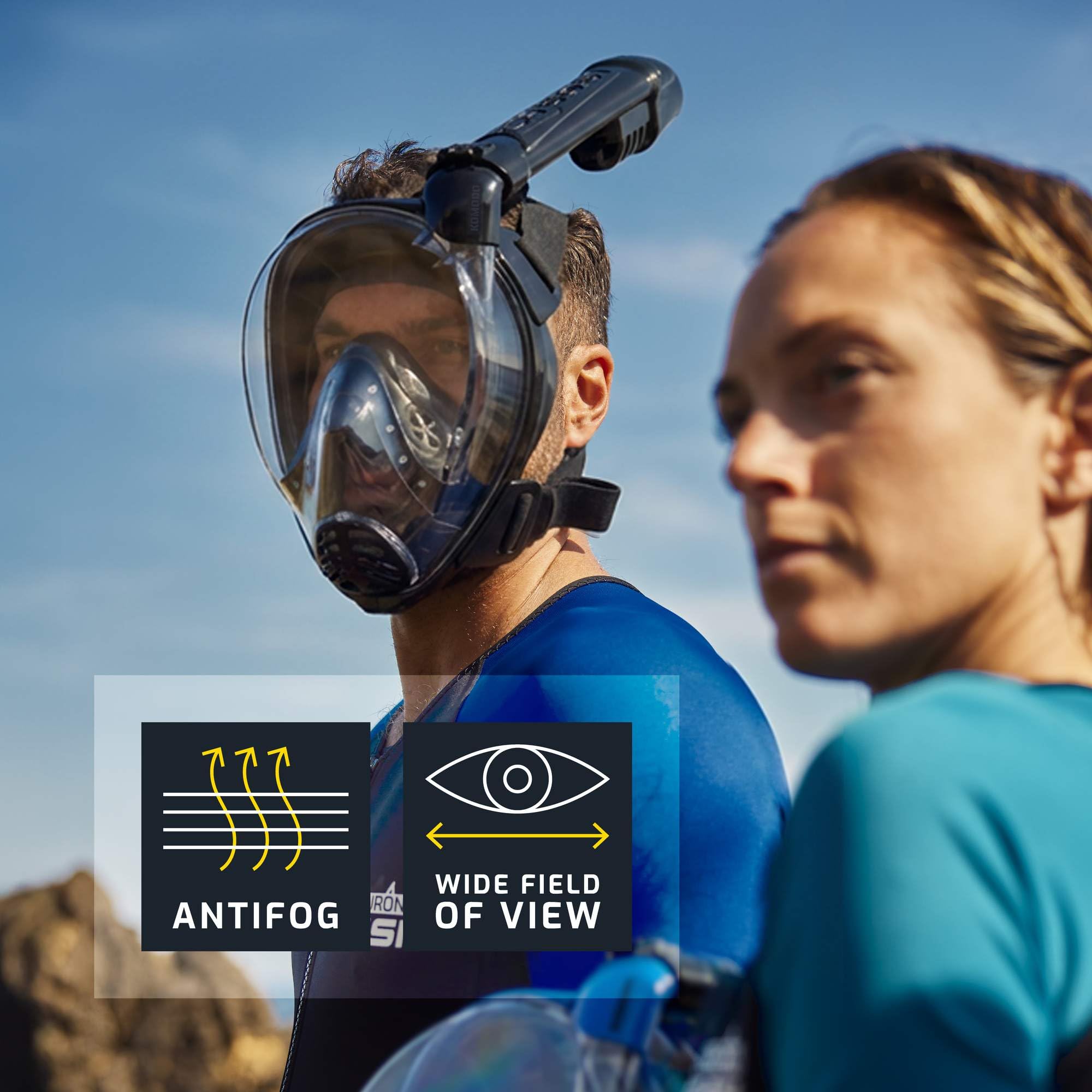 CRESSI since 1946 - Komodo Full Face Dry Snorkelling Mask 180° Vision - CO2 Safe - 100% Anti Fog Silicone - Side Snorkel - Adjustable Elastic Straps - Black/Black - S/M