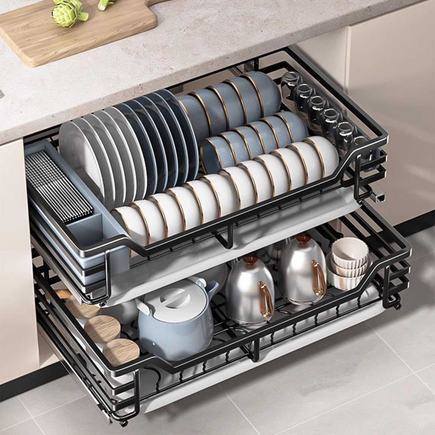 Pull Out Cabinet Organizer,2xPull-Out Solid Base Baskets Kitchen Base Larder Units Storage Organiser Adjustable Rails,Suit 500-900mm Cabinet