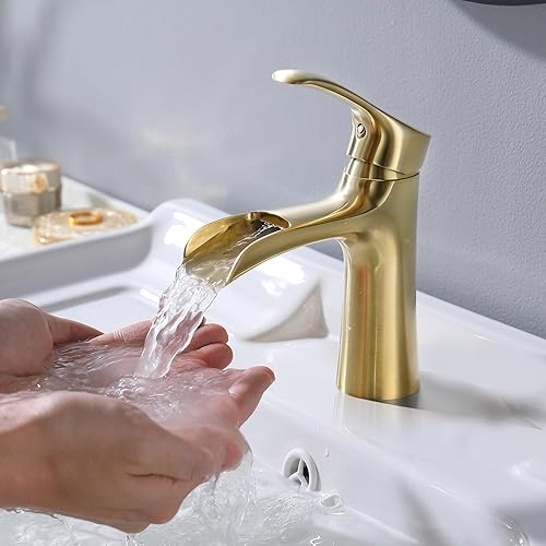 Miniatura 7 de NEWATER Grifo de baño de latón cascada de una sola manija, color dorado cepillado, grifo dorado de un solo orificio para lavabo de baño, grifo de