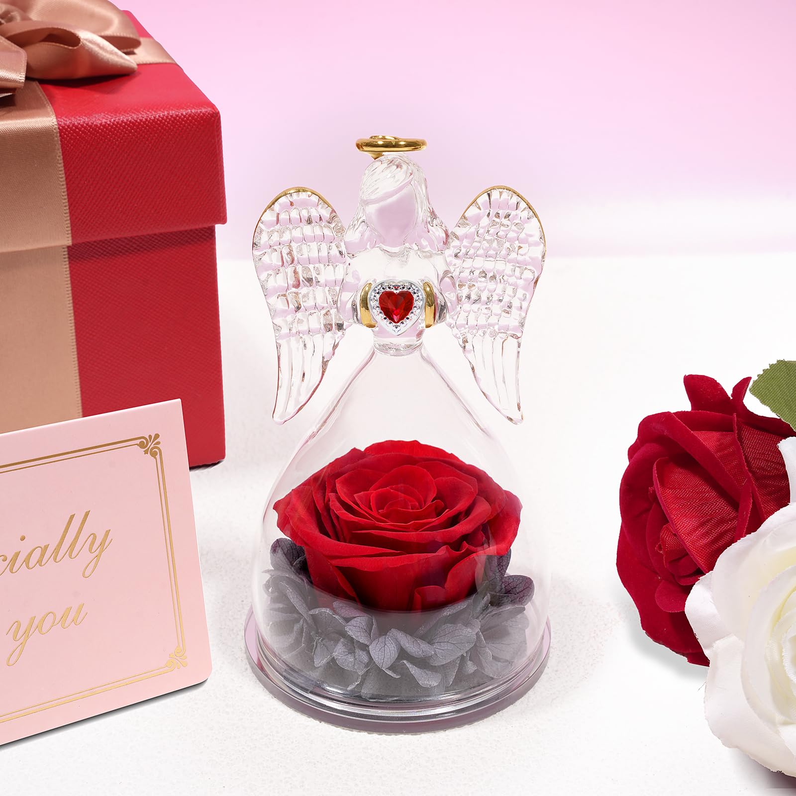 Miofula Regalos Dia de la Madre, Rosa Eterna con Collar Plata de Ley 925,Regalos Originales para Madres, Flores Preservadas Ángel Figura Regalo para Mujer Mama Abuela, Regalo Madre Cumpleaños Navidad
