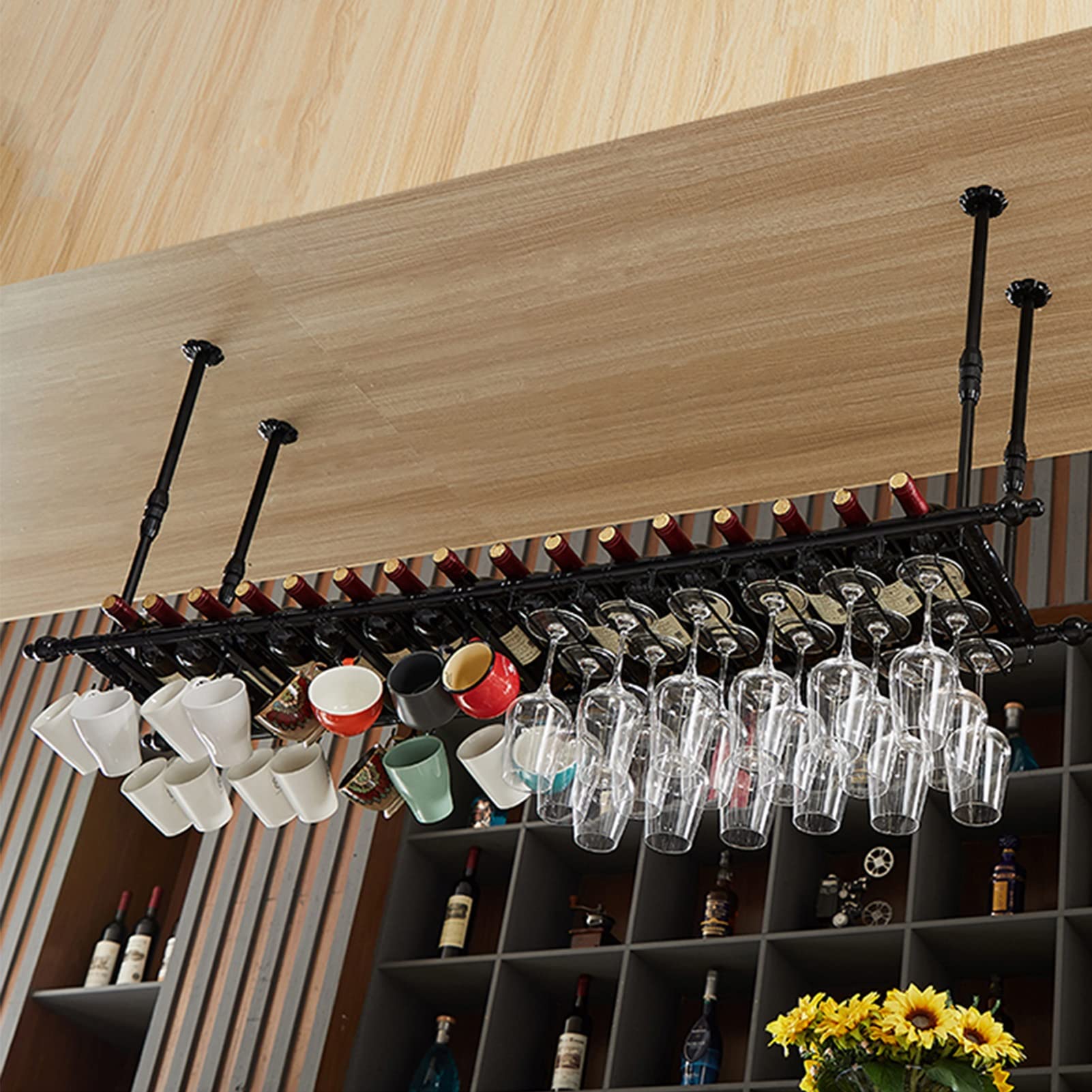 Casier à vin de plafond noir avec porte-verre suspendu pour bouteilles de champagne