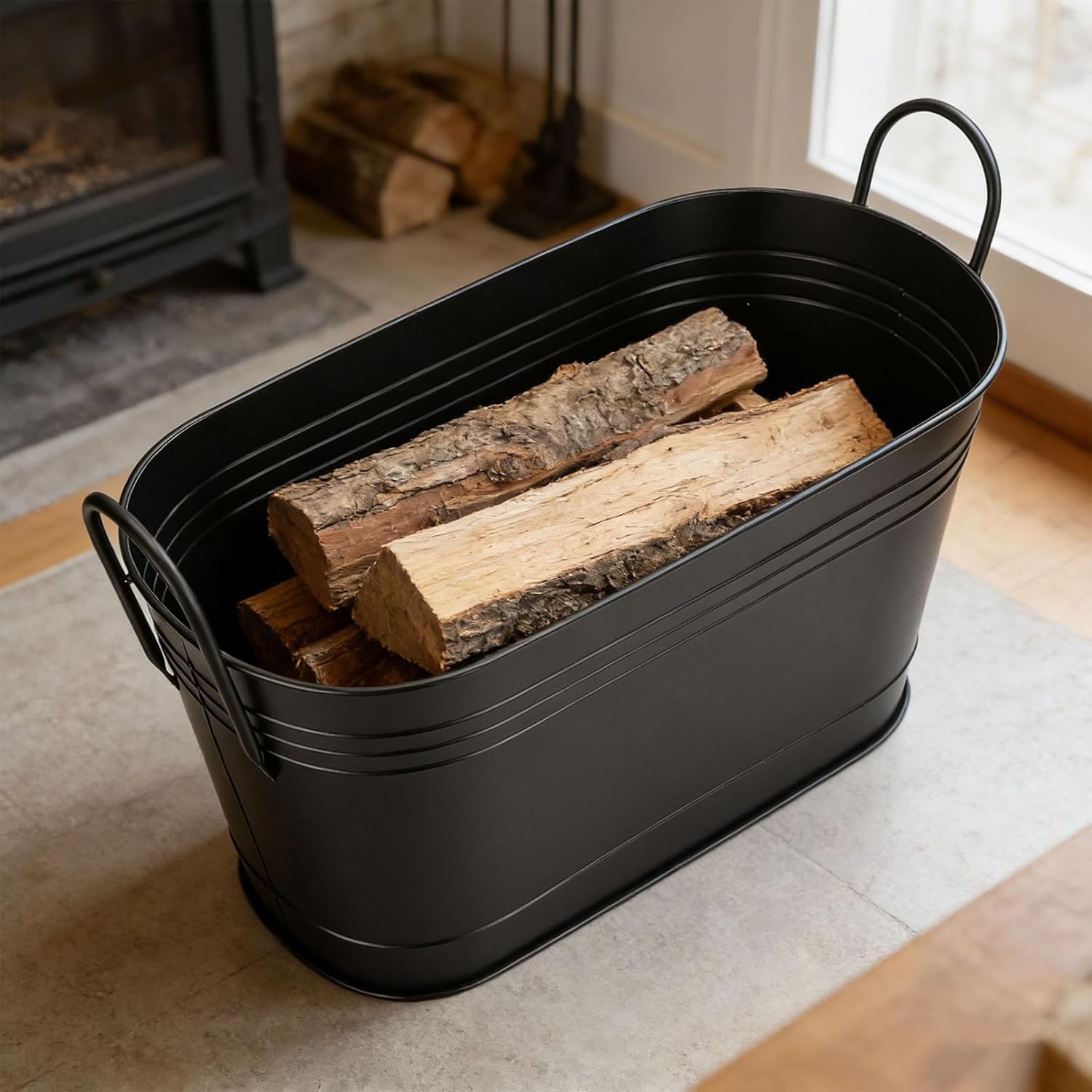 YUYTE Firewood Holder Bucket, Black Oval Metal Log Carrier with Sturdy Handles, Multipurpose Storage Bin for Indoor Outdoor Firewood Garden Planting