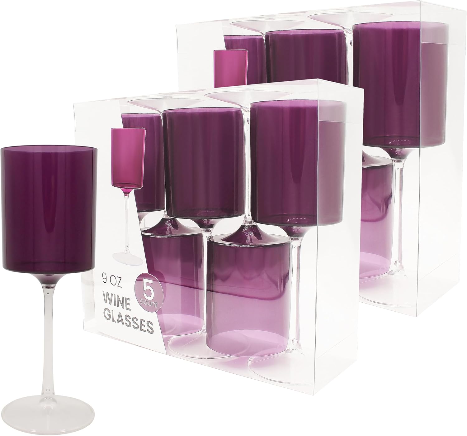 PARTY BARGAINS Plastic Wine Glasses 14 oz, Two-Tone Shatterproof Stemmed Party Cups for Weddings, Parties & Outdoor Entertaining, Purple & Clear, 10 Pack