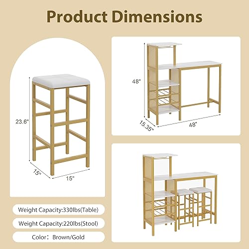 Miniatura 2 de VECELO juego de mesa de bar y sillas para 2, juego de comedor de 3 piezas con estantes de almacenamiento, portavasos y estante para vino, taburetes