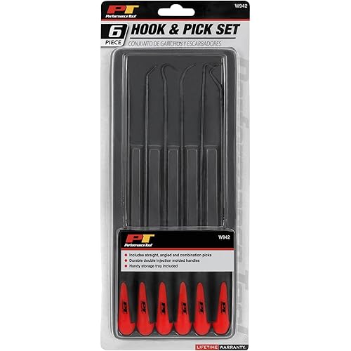 Performance Tool W942 Multi-Shaped and Angled Hook and Pick Tool Set for Garages and Workshops, Black, 6 pieces