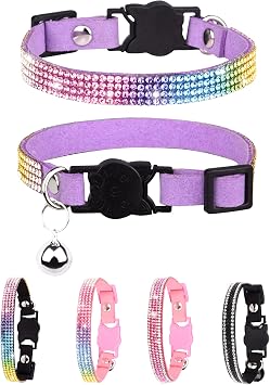 Petank Purple Suede Breakaway Cat Collar with Sparkling Rhinestones & Bell - Soft Adjustable Safe Release Kitten Collar for Small Medium Cats 7.5-12.5 Inches