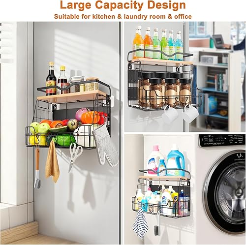 Miniatura 5 de Livabber Cesta organizadora magnética para nevera con estante de madera, contenedor grande de almacenamiento de frutas y verduras, especias y