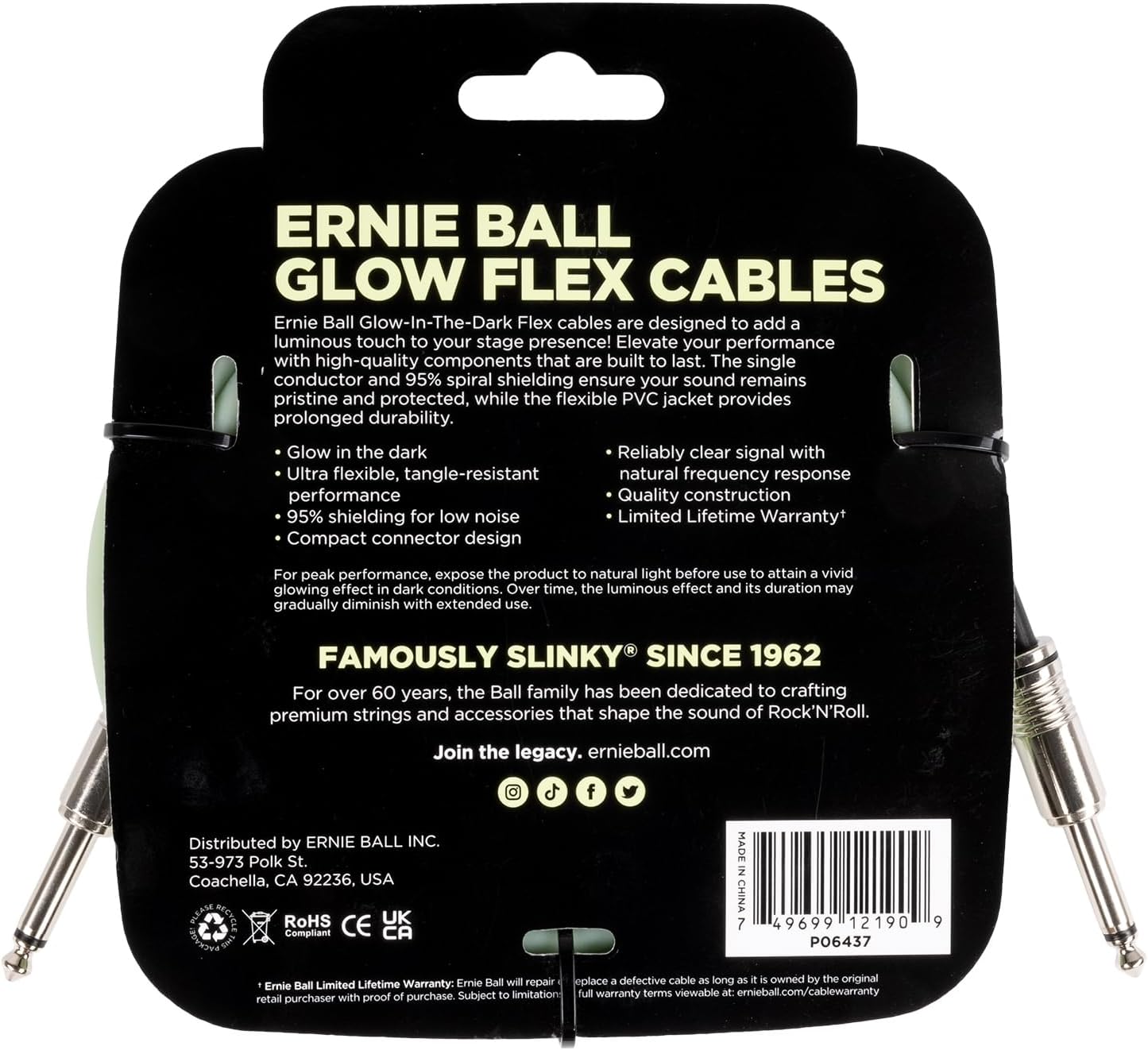 Ernie Ball Flex Instrument Cable Straight/Straight 20ft - Glow in Dark (P06437)