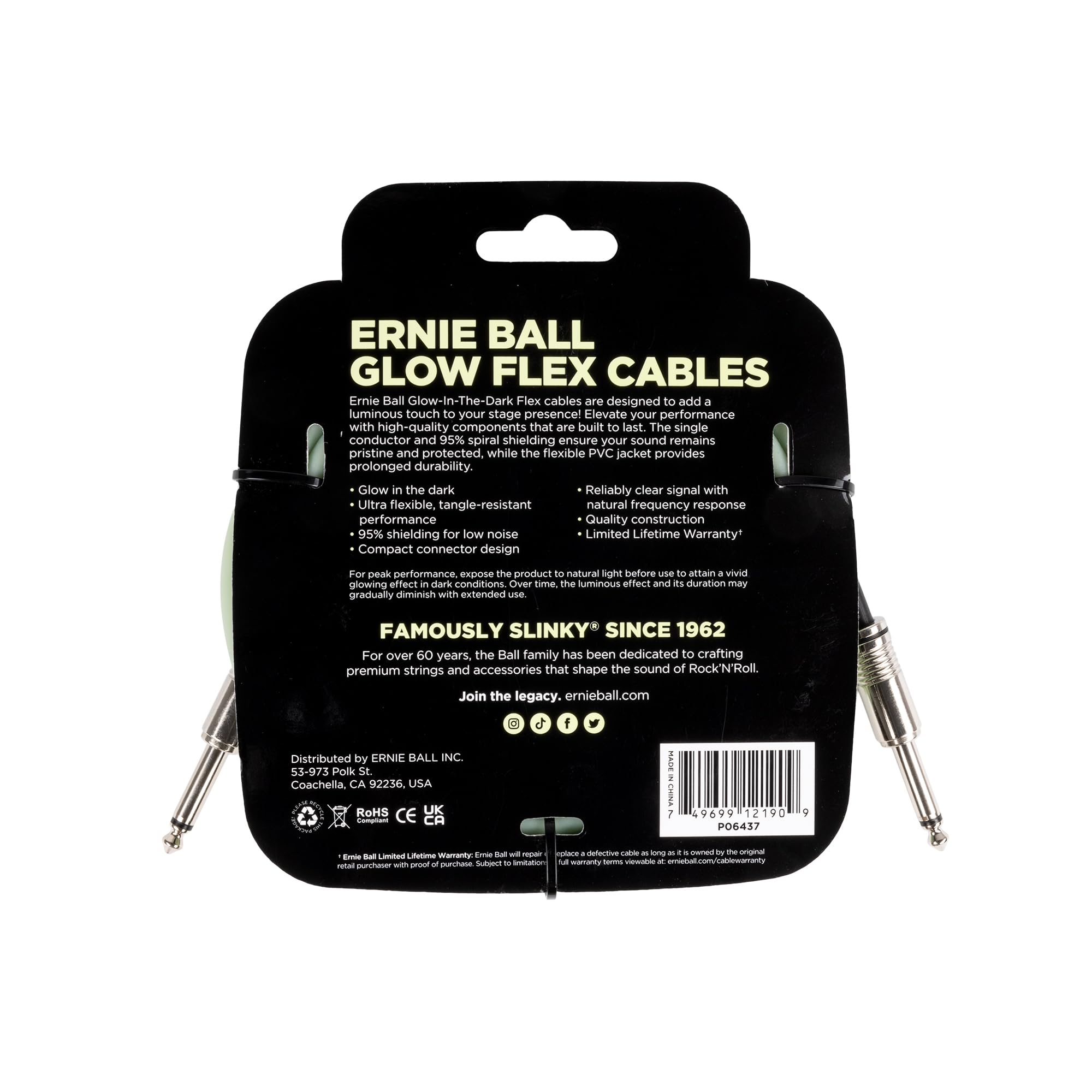 Ernie Ball Flex Kabel Instrumentalny Prosty/Prosty 6,1 m, Świecący w Ciemności