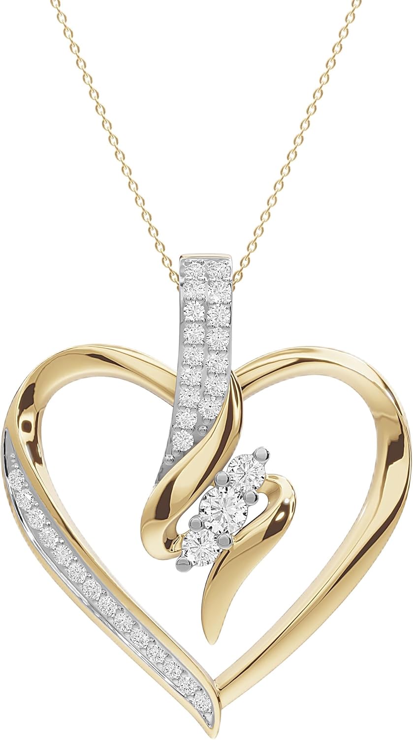 3 Stone Swirl Heart Pendant Necklace for Women in 925 Sterling Silver or 10K Gold with Natural Diamond, Moissanite, or Lab-Grown Diamond (0.25 Ct) Dainty Jewelry Gift, 18" Chain Gift for Her