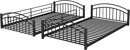 Miniatura 9 de Harper & Bright Designs Litera de metal individual sobre individual con tobogán, litera de casa con tobogán y techo, marco de litera baja para Negro