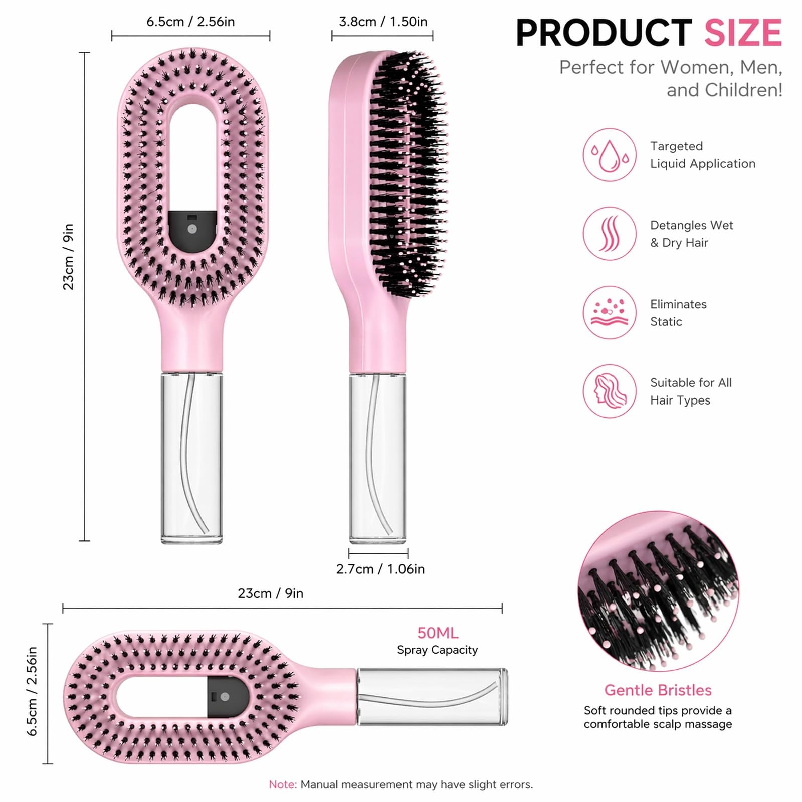 2-in-1 Misting Haarbürste mit eingebautem Wasserspray, entwirrende nasse & trockene Haarbürste für lockiges/dickes Haar & Kinder, feiner Nebel Sprüher, nachfüllbares Reservoir, Anti-Frizz Portable