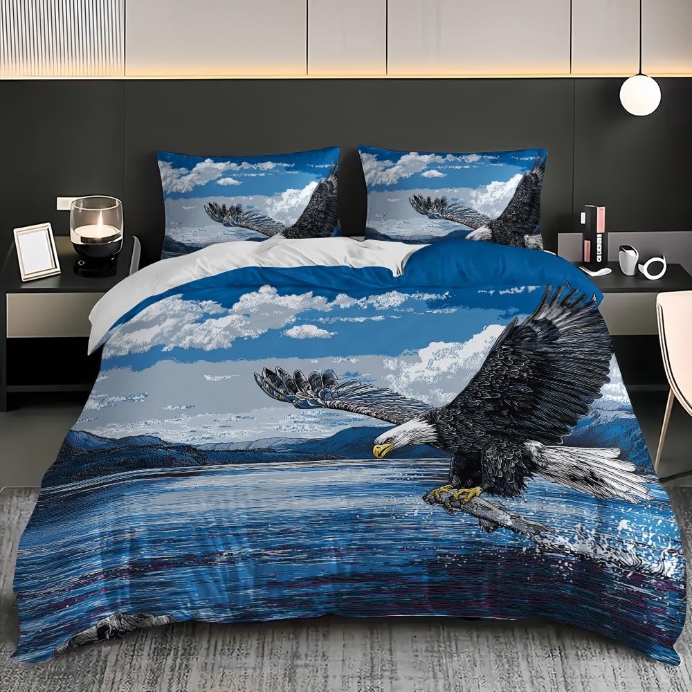 Zwierzę biały orzeł morski, malarstwo, nadruk 3D, dla dorosłych i dzieci, 3-częściowy komplet pościeli 180 x 200 cm, niebieska pościel, miękka i nie wymaga prasowania, z mikrofibry, poszewka na