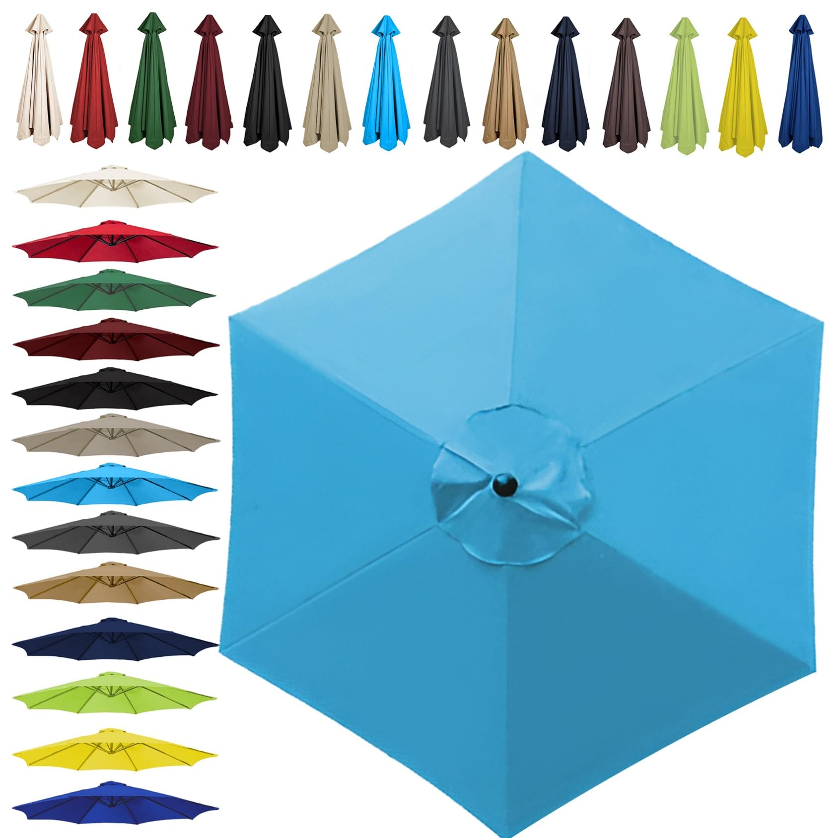 Sun Umbrella Replacement Cloth - 200cm | 2.7m | 300cm (6.5'/8.8'/9.8') - Umbrella Replacement Canopy For 6 Arms/8 Arms, Waterproof UV Protective Polyester Cloth(Color:Lake blue,Size:6 ribs-2m(6.5ft))