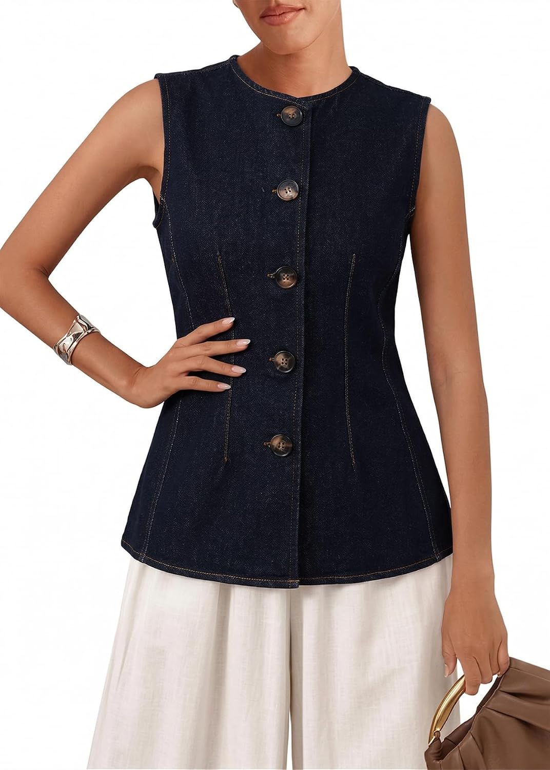 YEXPINE Women's Button Down Denim Vest Crewneck Slim Fit Waistcoat Casual Jean Tank Top