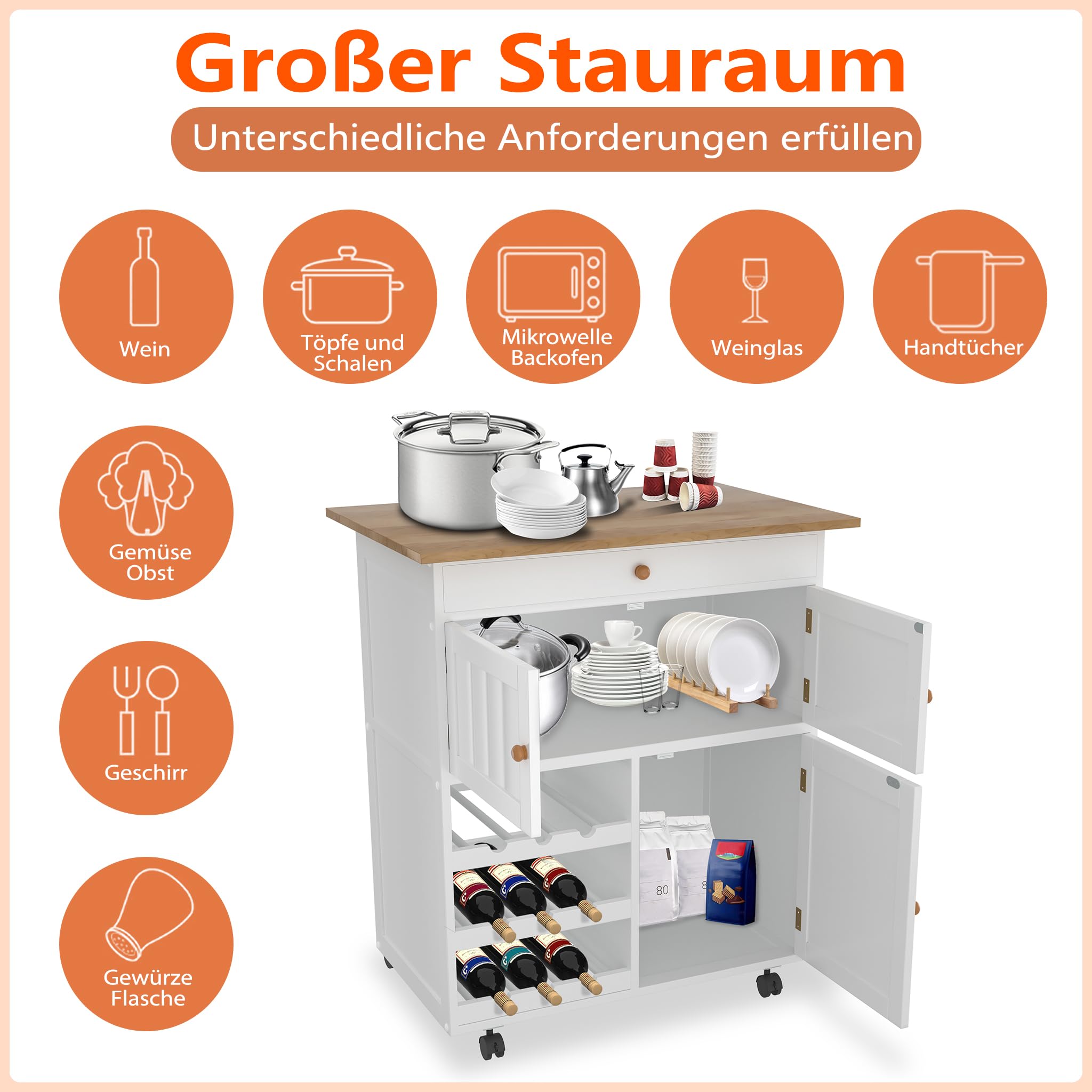 KUAKE îlot de cuisine autoportant avec plan de travail pliable, armoire sur 5 roulettes, étagère et 3 tiroirs, 139 x 46 (71) x 91,5 cm (blanc KUAKE îlot de cuisine autoportant avec plan de travail pliable, armoire sur 5 roulettes, étagère et 3 tiroirs, 139 x 46 (71) x 91,5 cm (blanc