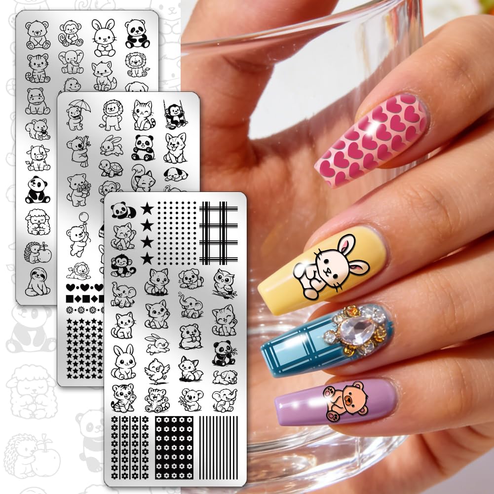 PH PandaHall 3 placas de estampado de uñas animales lindos oso mono panda pingüino gato plantillas acero inoxidable