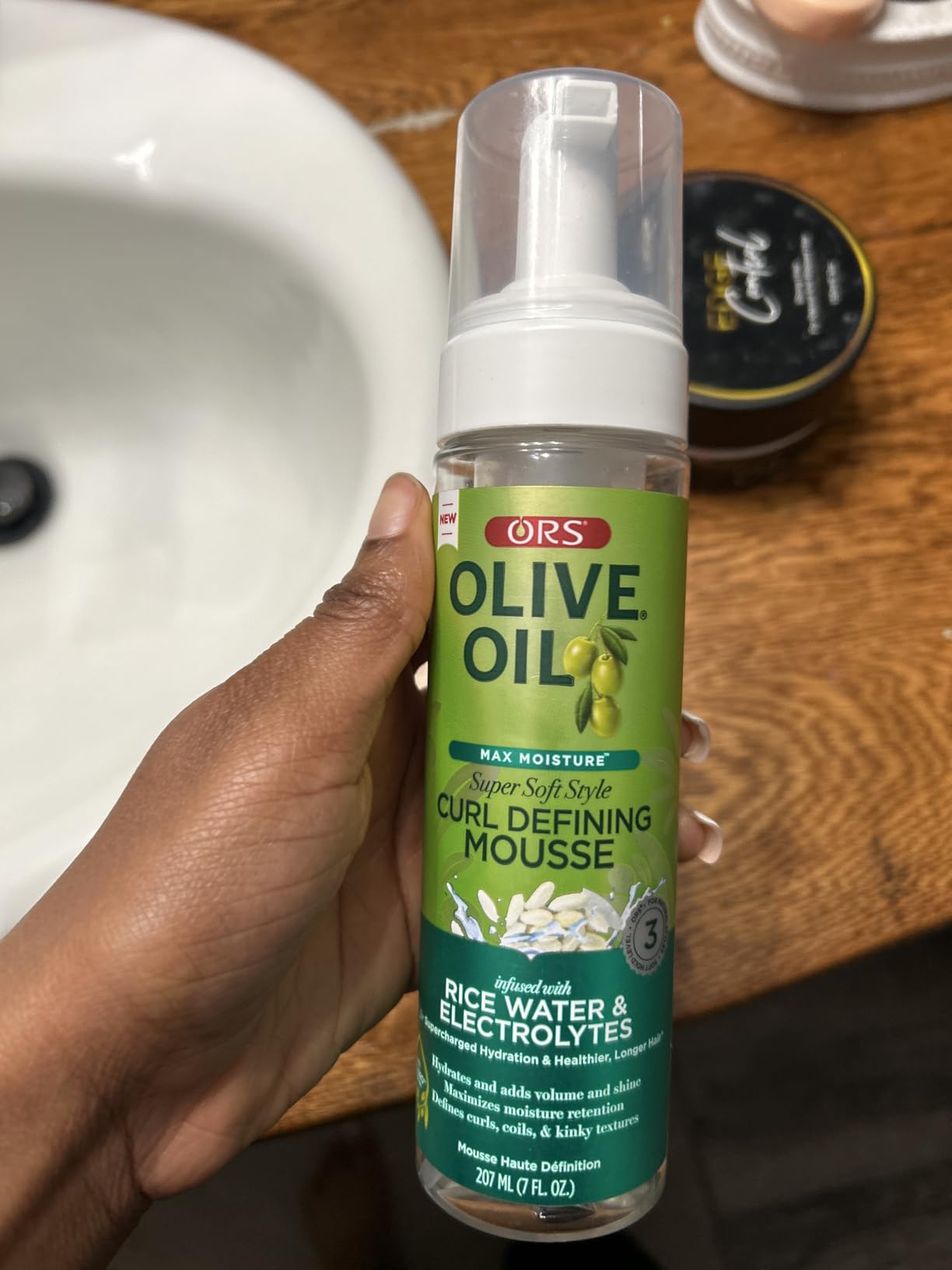 ORS Olive Oil Max Moisture Super Soft Style Curl Defining Mousse infused with Rice Water & Electrolytes for Supercharged Hydration & Growth (7.0 oz)