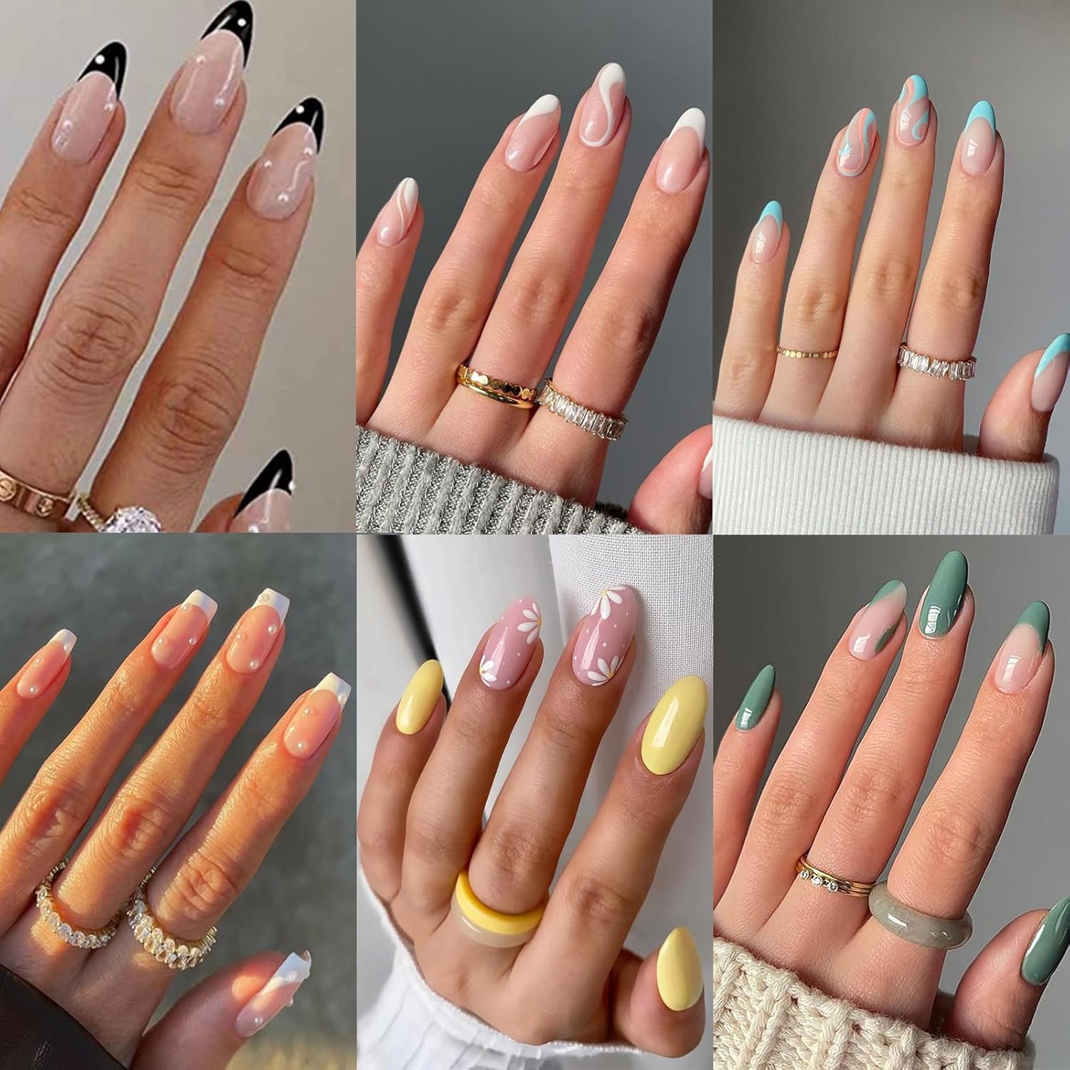 6 Packs 144pcs Press on Nails- OPkssnails French Tip Press on Nails Almond and Square,Reusable Glue On Nails,Gel Fake Nails for Women