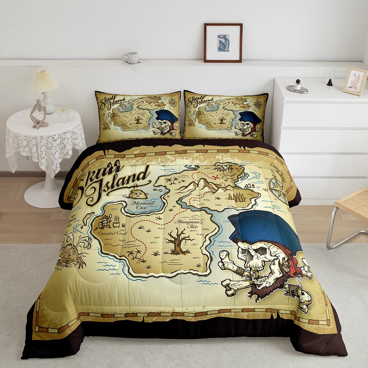 Feelyou Vintage Ocean Nautical Comforter Set for Kids Boys Teens Pirate Treasure Map Comforter Skull Island Bedding Set Sea Adventure Quilted Duvet Set Soft Lightweight Retro Decor Bedding Twin 2Pcs