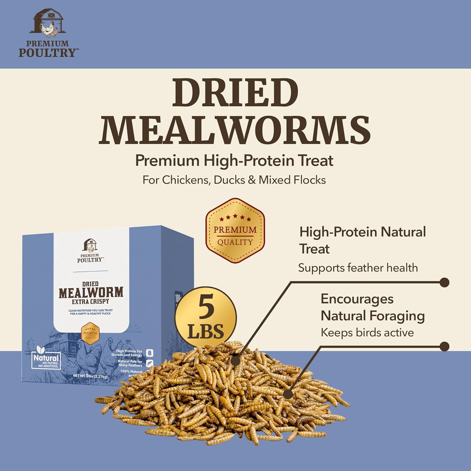 Dried Mealworms for Chickens – High Protein Chicken Treats for Egg Production & Flock Health – Bulk Mealworms for Ducks, Wild Birds, Reptiles & Backyard Poultry Feed, 5lb