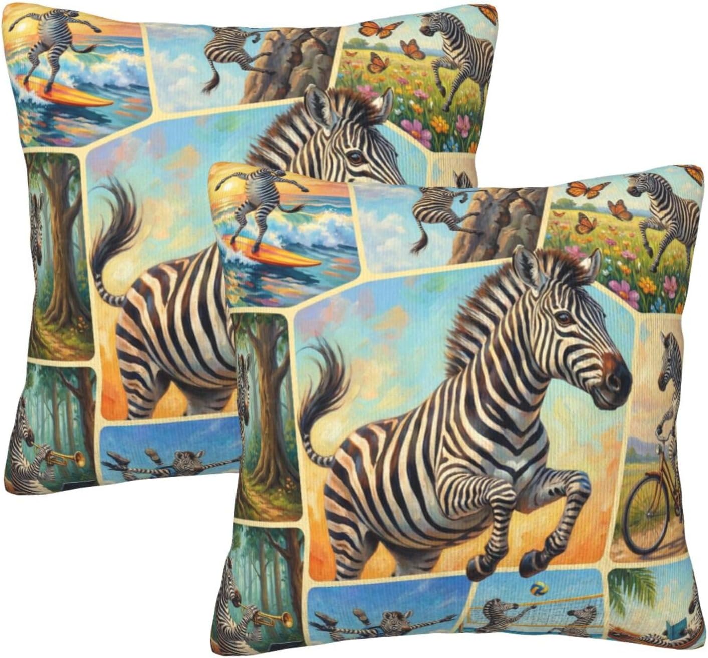 Funny Zebra Throw Pillow Covers Set of 2 - Soft Velvet Decorative Cushion Cases for Sofa Bedroom Living Room, Square 20"x20"