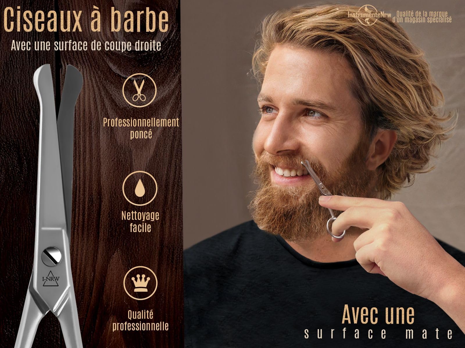 InstrumenteNrw Ciseaux à moustache et barbe avec lame tranchante - Acier inoxydable - pour les hommes pour entretenir leur barbe 10,5 cm avec étui