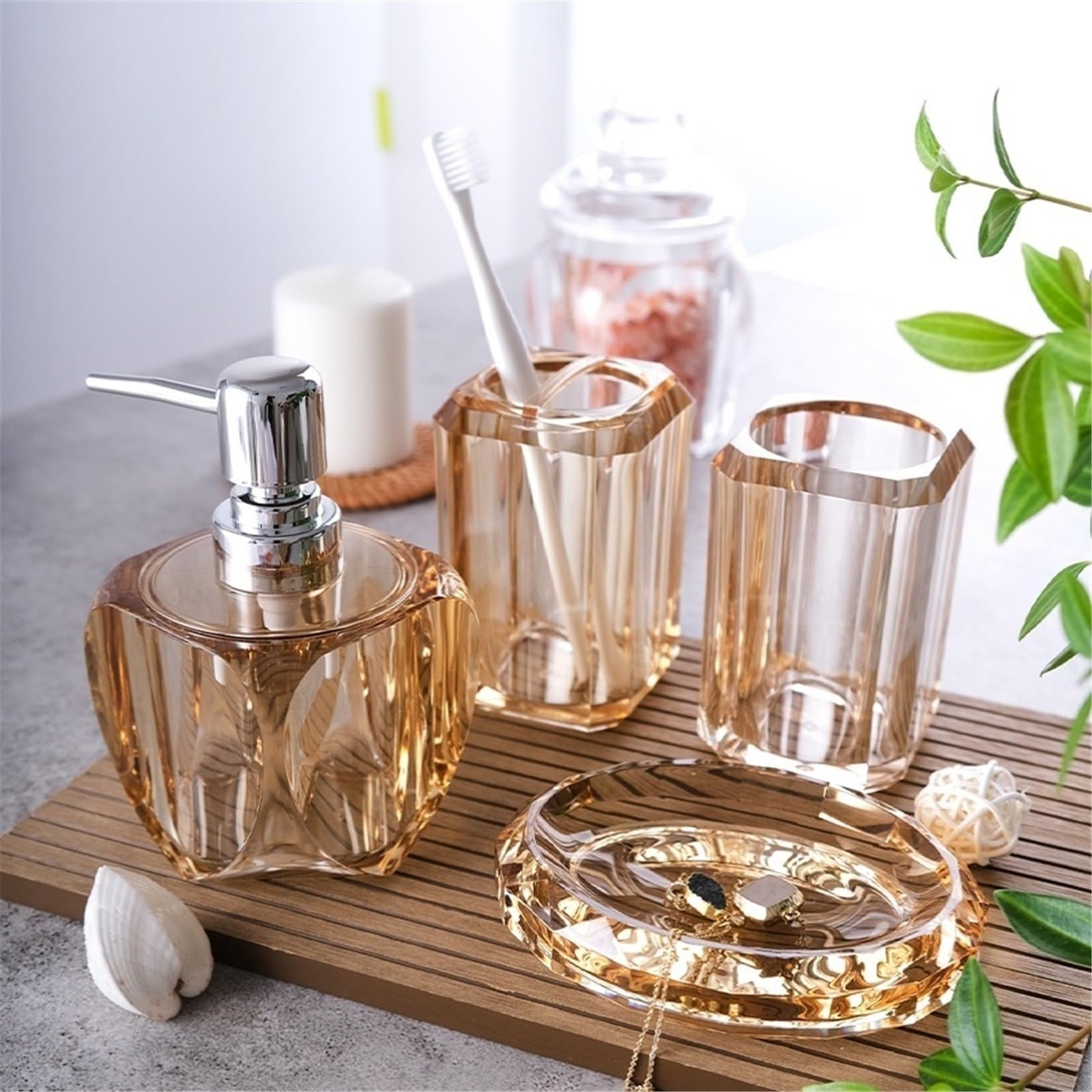 Botella de jabón Juego de 4 Accesorios baño Resina: dispensador jabón, Vaso for Enjuague bucal, Soporte for Cepillo Dientes y jabonera Decoración de Cocina(Gold)