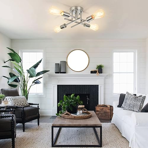 Miniatura 7 de SunRider Lámpara de techo industrial de 4 luces, semiempotrada, níquel cepillado, lámpara de techo Sputnik de granja plateada para sala de estar