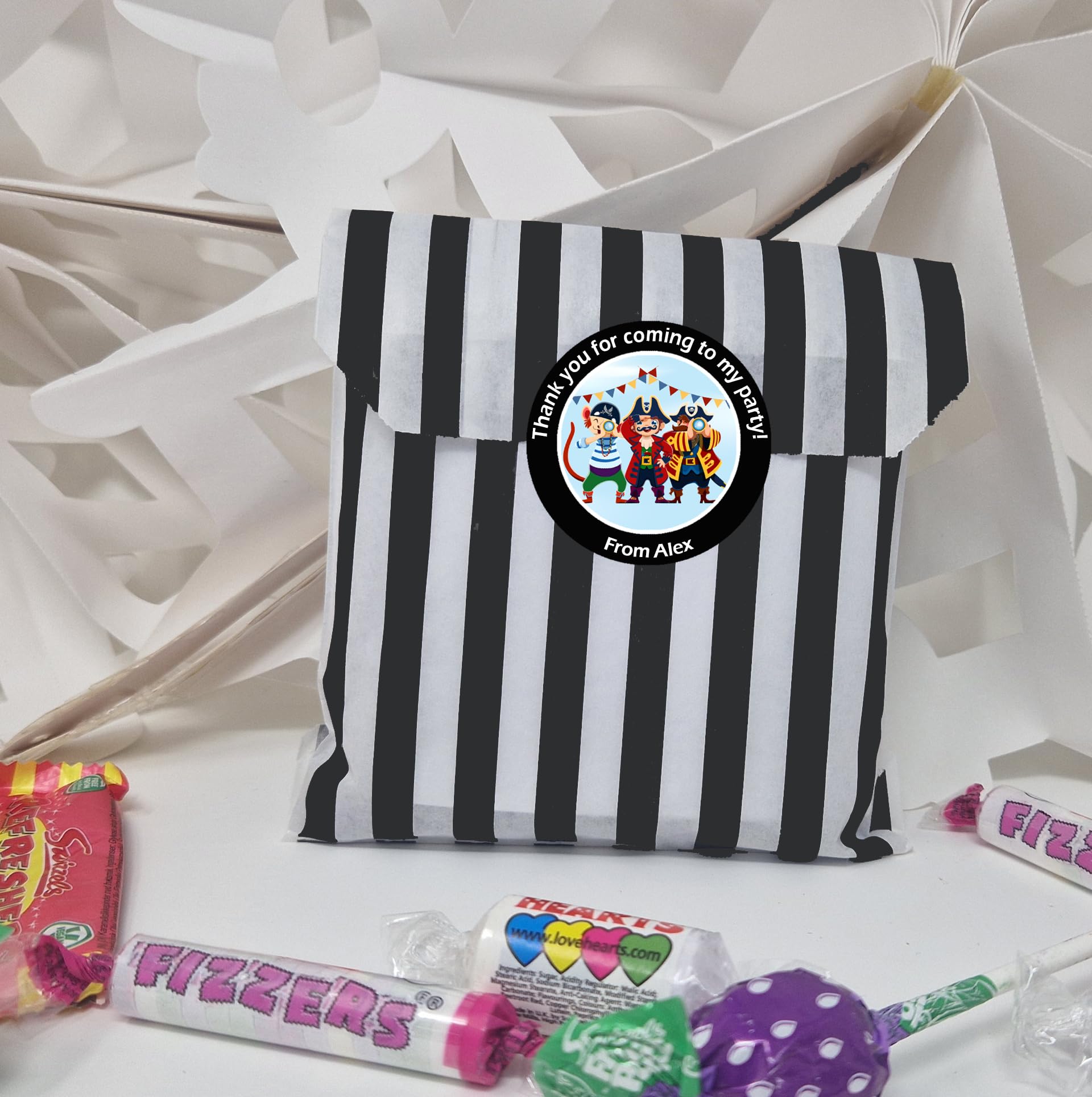Treasured Forever Limited Black Personalised Pirate Party Stickers X35 (37Mm) Round Labels For Party Bags, Favours Or Sweet Cones – Pirate Themed Birthday Decoration - 35 Stickers With 35 Empty Bags