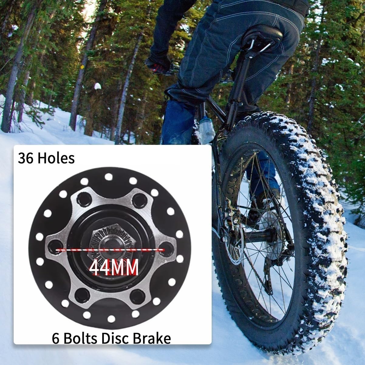 Koła rowerowe śnieżne z hamulcem tarczowym 20/26x4,0", grube przednie i tylne koła z oponami i komorami powietrznymi, piasty 135 mm/195 mm 36 otworów na wolne koło obrotowe 7/8/9/10"