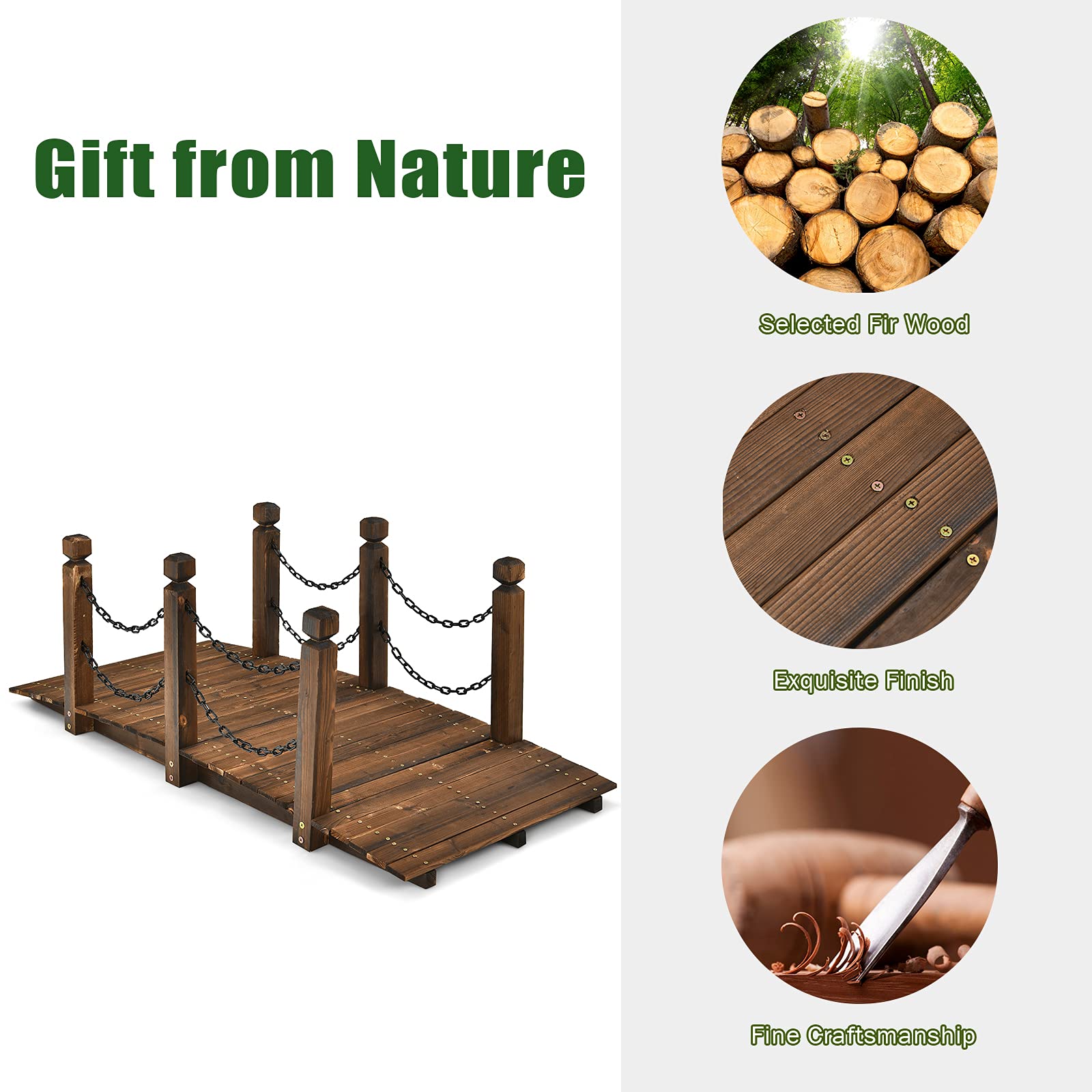 Ponte Da Giardino In Legno Di Abete 150x67cm - Portata 120kg | Design Ad Arco Con Ringhiere | Decorativo E Funzionale - Foto 2