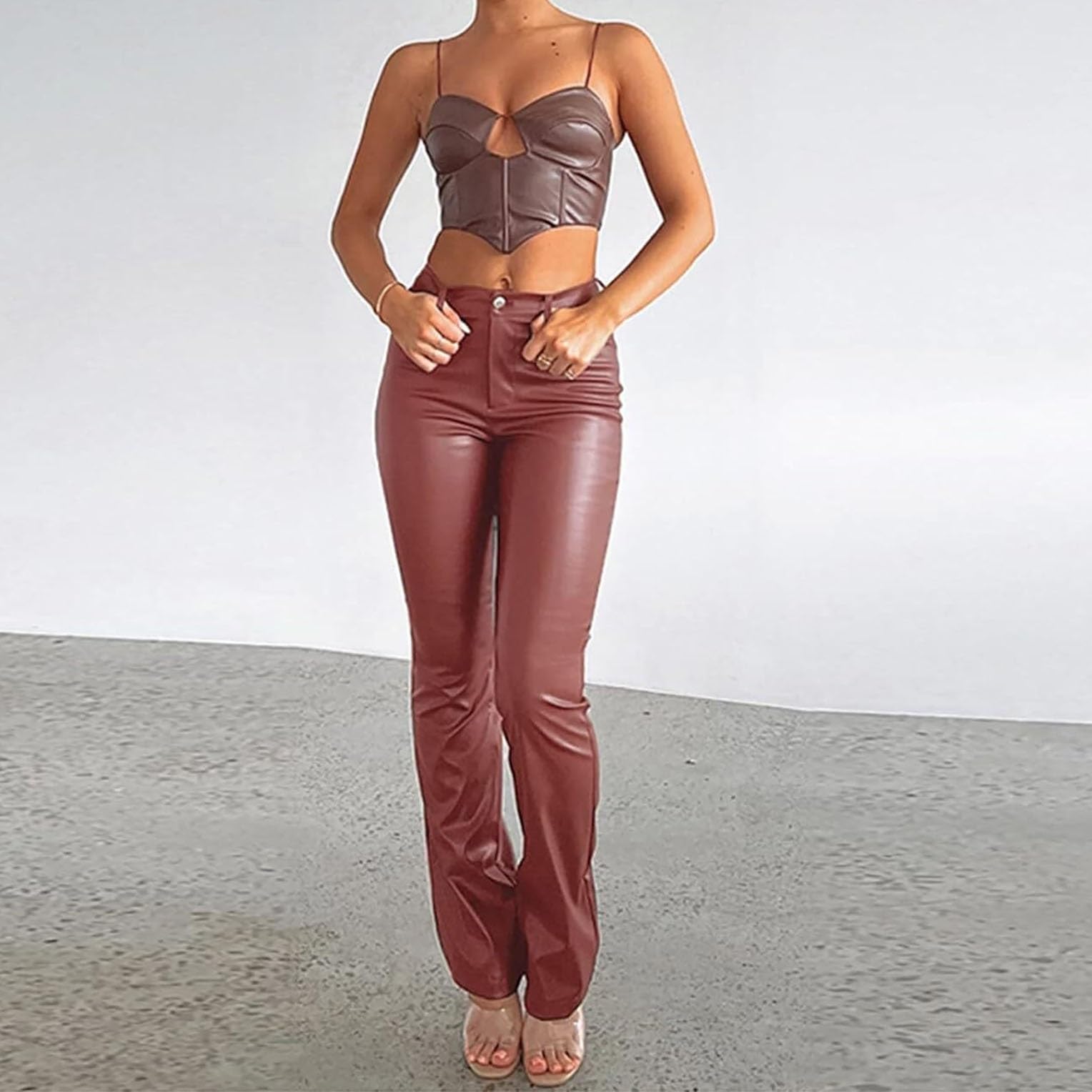 WEITING Damen-Hose In Lederoptik Schlaghosen High Waist Lederhose Bootcut Hose Lederhose