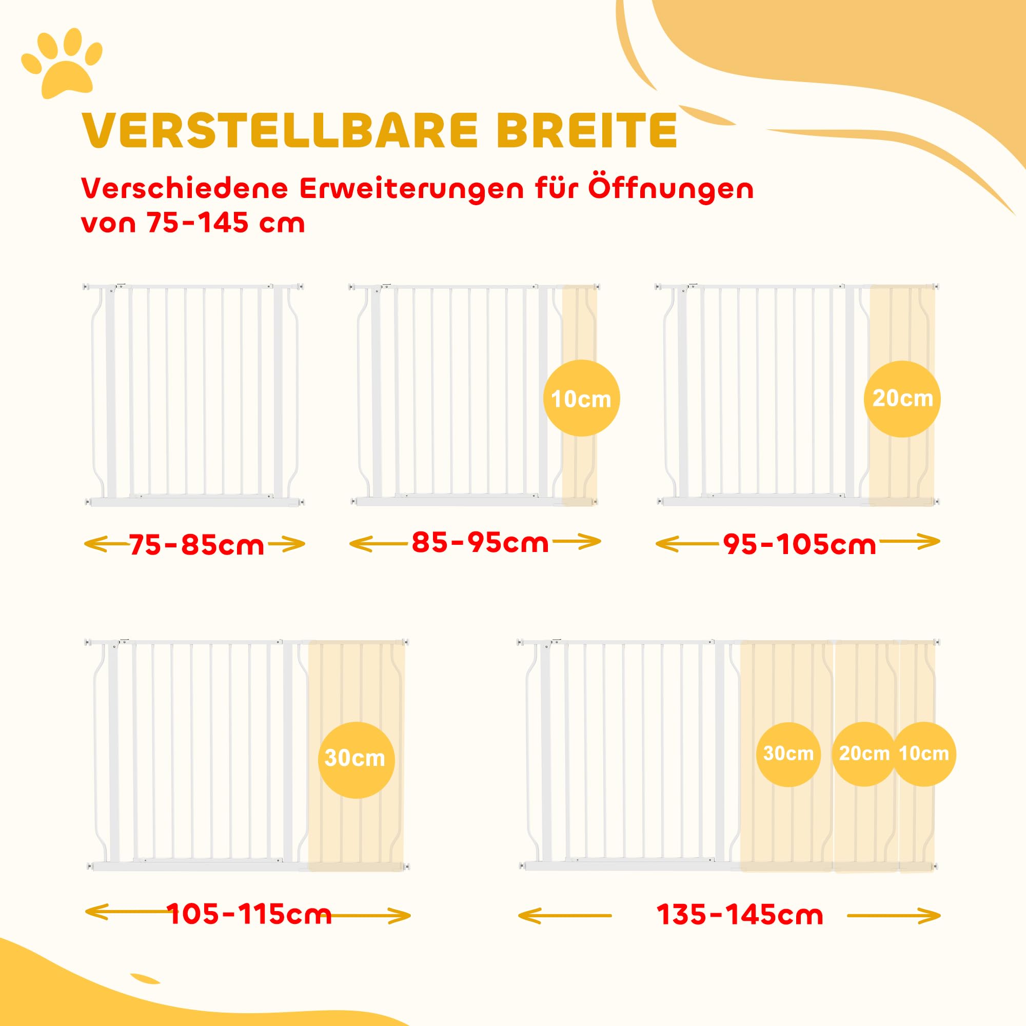 PawHut Türschutzgitter mit 10/20 cm Verlängerung für 75-145 cm Weiß | Treppenschutzgitter ohne Bohren, Türgitter, Treppengitter, Beidseitige Einhand Öffnung, Schwenkbar, Stahl
