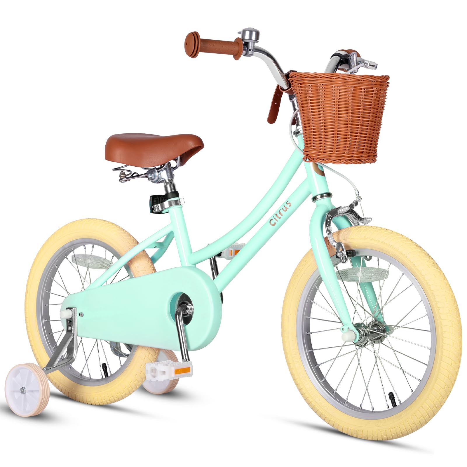 vollsch 16 Inch Little Kids Bike for Age 7-15 Years Old Girls Toddlers Retro Vintage Style Bicycles with Basket Training Wheels and Bell, Mint Green
