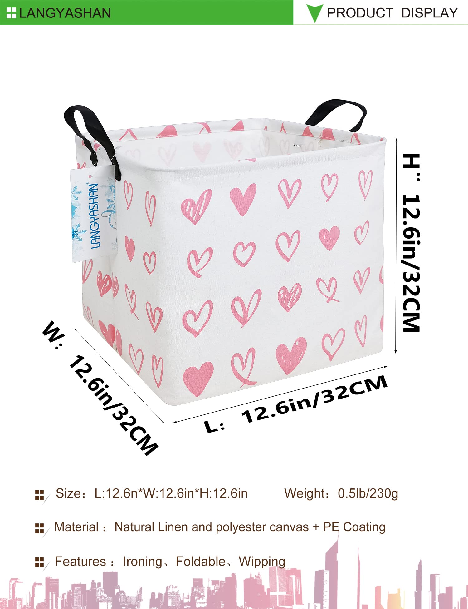 LANGYASHAN Square Storage Baskets Waterproof Canvas Children Laundry Nursery Hamper for Shelves Gift Baskets Toy Organizer Room Decor (Square Pink Heart)