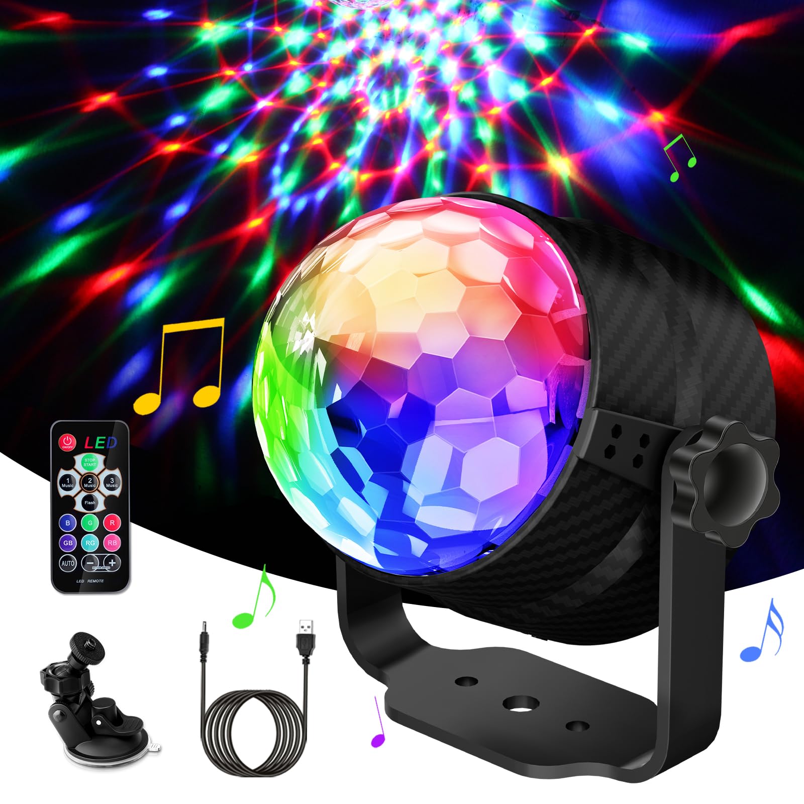 Discokugel, 360° Rotierende Disco Licht Musik Activated LED Party Lampe Discolicht mit Fernbedienung- 3W RGB Dynamisch Disco Lichteffekte, 4M/13ft USB Kabel für Party, Home,Weihnachten, Kinder